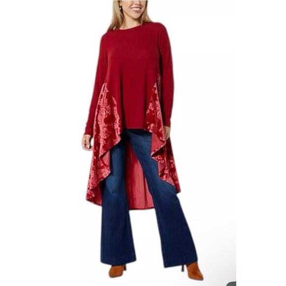 DG2 By Diane Gilman NWT Dark Red Brushed Hacci Knit & Velvet Asymmetrical Top L - Picture 1 of 15